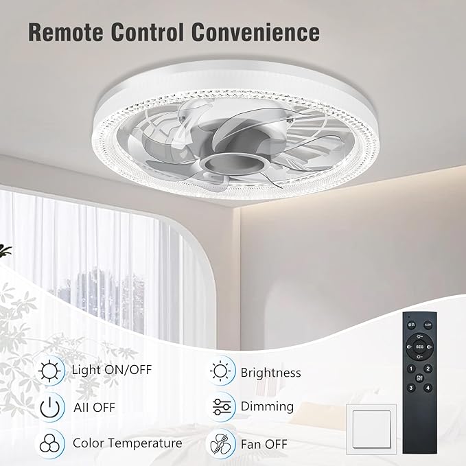 Ceiling Fan Light, 12-inch Socket Fan Light with Remote Control, 3 Colors (3000K-6500K) Dimmable LED Light Bulb, Screw-in Ceiling Fan for Bedroom, Kitchen, Storage Room, Closet, and RV.