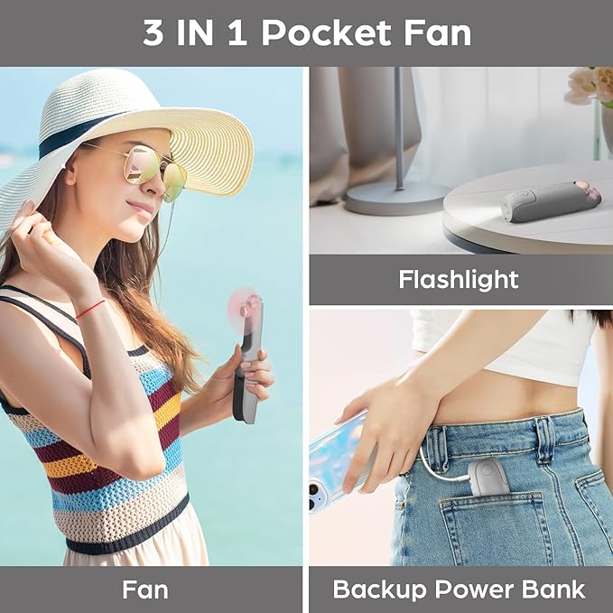 Handheld Mini Fan, 2000 mAh USB Rechargeable Foldable 3-in-1 Portable Pocket Fan With Power Bank, Flash Light for Summer, Travel, Eyelashes - Gifts for Women, Men, Kids (Grey)