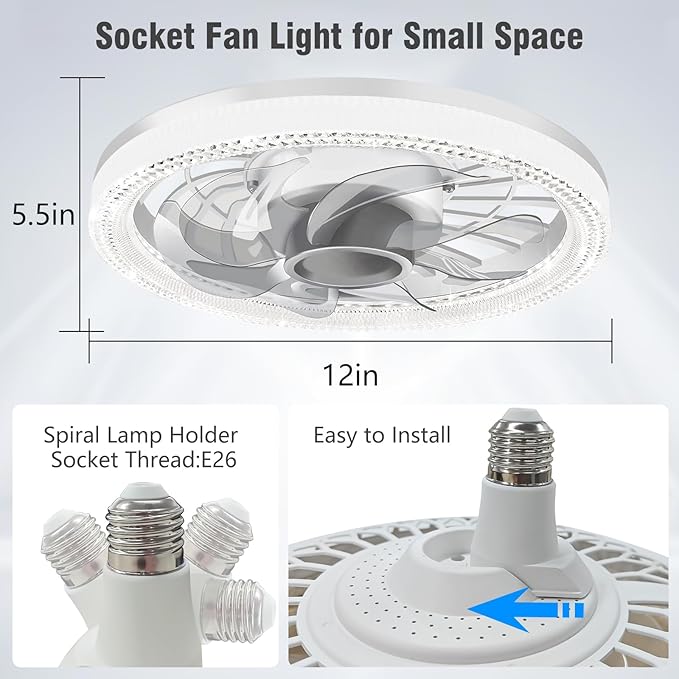Ceiling Fan Light, 12-inch Socket Fan Light with Remote Control, 3 Colors (3000K-6500K) Dimmable LED Light Bulb, Screw-in Ceiling Fan for Bedroom, Kitchen, Storage Room, Closet, and RV.