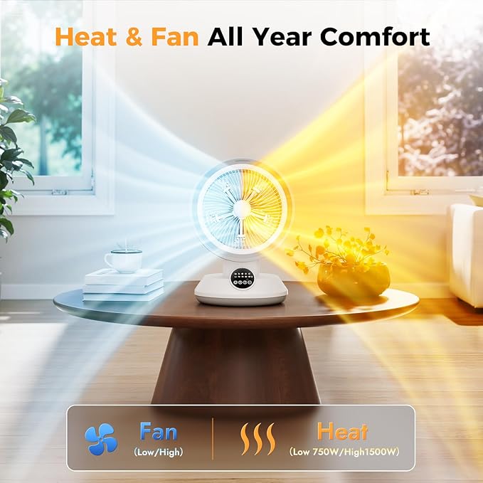 2-in-1 Heater Fan Combo, 1500W Portable Desk Heating & Cooling Fan, Oscillating with Adjustable Thermostat, Tip-Over Protection, Quiet Space Heater for Home & Office Use (White)