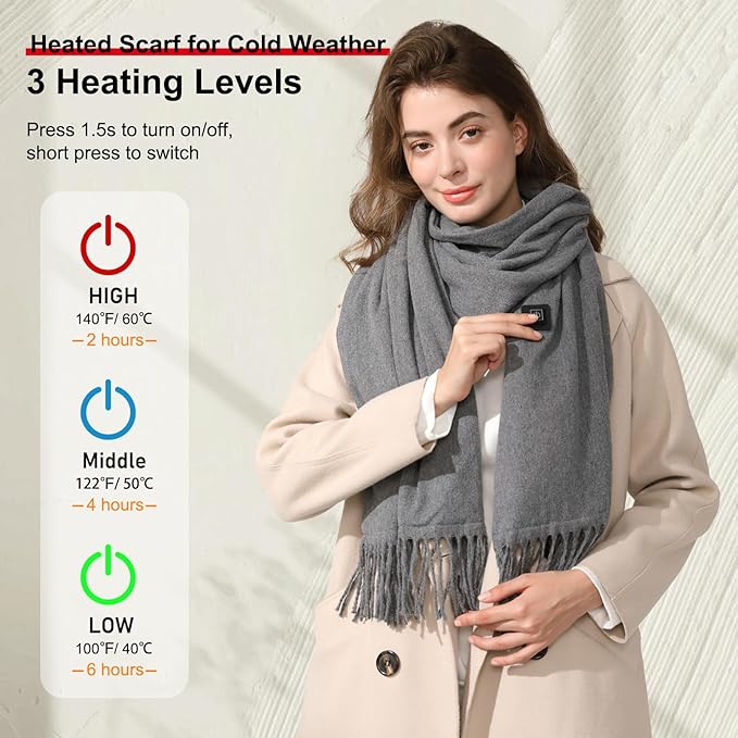 Heated Scarf for Women Men, 3 Heating Levels Intelligent Electric Heating Scarf, Neck Heating Pad with Battery