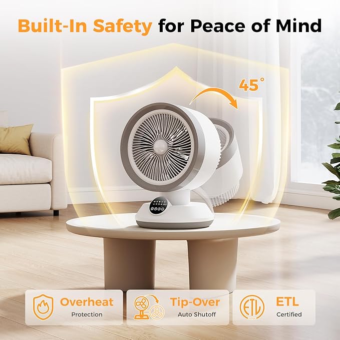 2-in-1 Heater Fan Combo, 1500W Portable Desk Heating & Cooling Fan, Oscillating with Adjustable Thermostat, Tip-Over Protection, Quiet Space Heater for Home & Office Use (White)