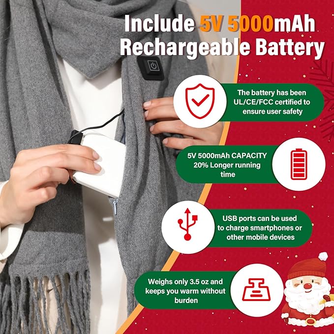 Heated Scarf for Women Men, 3 Heating Levels Intelligent Electric Heating Scarf, Neck Heating Pad with Battery