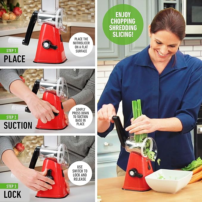 Rotary Cheese Grater with Handle, Cheese Grater Hand Crank, Fast Cutting Grater for Kitchen with 3 Interchangeable Blades, Vegetable Slicer, Cheese Shredder with Suction Cup Base, Dishwasher Safe