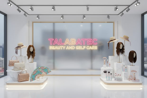 generate a photo for my website a show room with title talabatec beauty and self care in visible color in the middle of the photo with items such as bags,portable hand fans,face massager,beauty tools,hat wigs